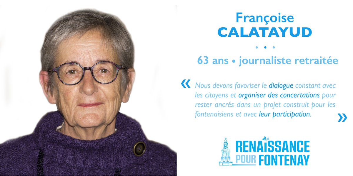 RenaissanceFLC's tweet photo. [PORTRAIT DE COLISTIERE ⛲]

Françoise CALATAYUD a toujours été membre de nombreuses associations fontenaisiennes.

▶️ Elle souhaite renforcer les liens entre la municipalité et ces dernières dans le but de les intégrer pleinement à la vie locale de la ville et du territoire. https://t.co/ZaPXeu3nop