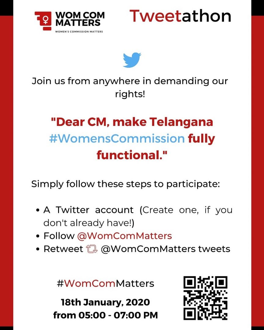 A group of women under the banner @WomComMatters have initiated a #Tweetathon demanding Telangana CM #KCR to appoint a Chairperson for the #TelanganaWomen's #Commission.  The 120 women members of the group will tweet today from 5 PM to 7 PM. newsmeter.in/tweetathon-in-…