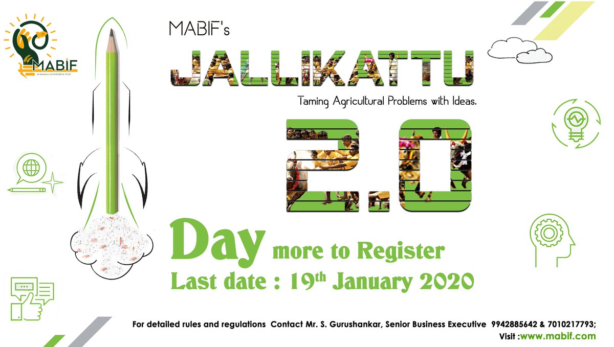 NABARD_MABIF's tweet photo. One day more to register 𝗠𝗔𝗕𝗜𝗙'𝘀 𝗝𝗮𝗹𝗹𝗶𝗸𝗮𝘁𝘁𝘂 𝟮.𝟬
Last date : 𝟭𝟵-𝟬𝟭-𝟮𝟬𝟮𝟬 ( 𝘁𝗼𝗺𝗼𝗿𝗿𝗼𝘄 )

Click below link to apply
https://t.co/eabm4arjwF

#MABIF #NABARD #TNAU
@sivakumarsachin @Guru_Agri @Ganeshmanick95  @jayagobi24 https://t.co/jrTdJ1TJ22