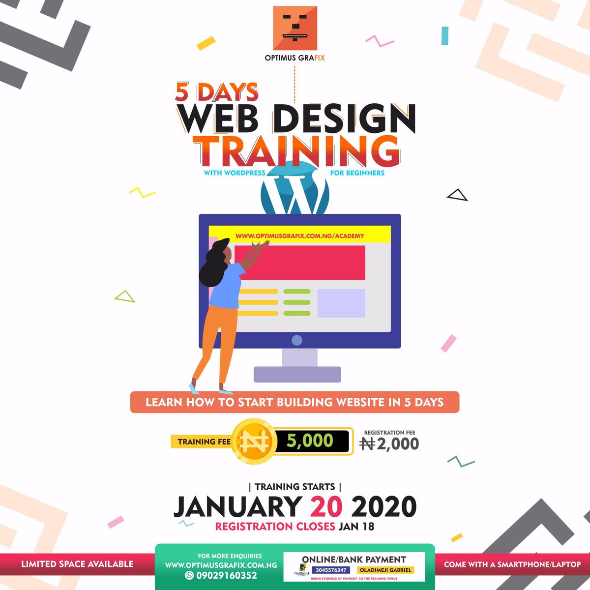 OptimusGrafix's tweet photo. COURSE OUTLINE

👉5 DAYS WEB DESIGN TRAINING WITH WordPress

Check out the course outline for the 5 Days Web design training coming up on Monday, 20th of January, 2020
Pay here https://t.co/3qjAVgJtdF

#OptimusGrafix #OptimusAcademy #WWDTraining #WordPressTraining #webdesigner https://t.co/bJvB72b5j2