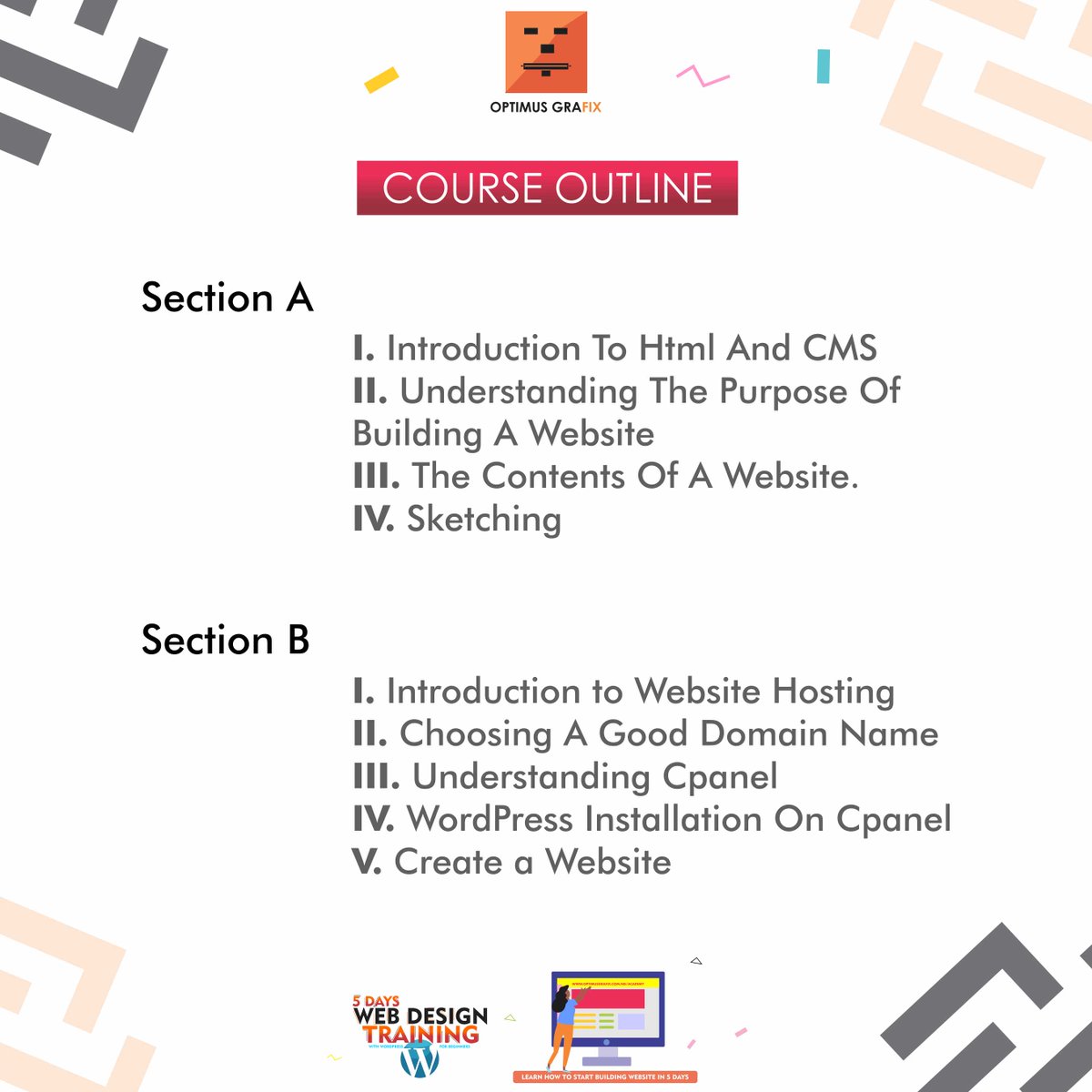 OptimusGrafix's tweet photo. COURSE OUTLINE

👉5 DAYS WEB DESIGN TRAINING WITH WordPress

Check out the course outline for the 5 Days Web design training coming up on Monday, 20th of January, 2020
Pay here https://t.co/3qjAVgJtdF

#OptimusGrafix #OptimusAcademy #WWDTraining #WordPressTraining #webdesigner https://t.co/bJvB72b5j2