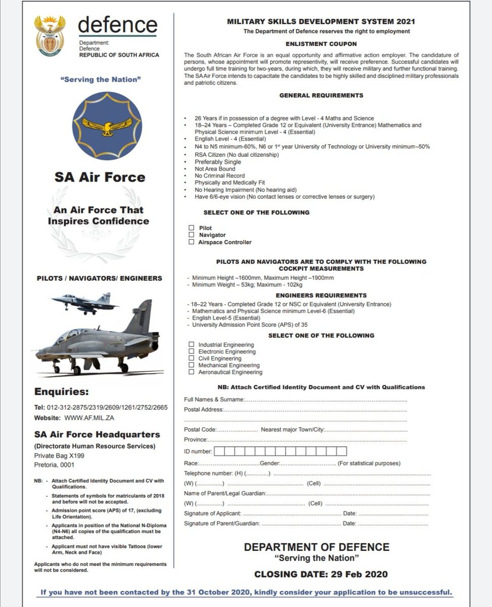 missndazo's tweet photo. SANDF Recruitment for 2021

Closing date: 29 February 2020 https://t.co/BBW6LnD769