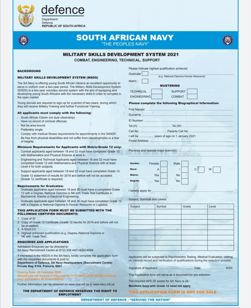 SANDF Recruitment for 2021

Closing date: 29 February 2020