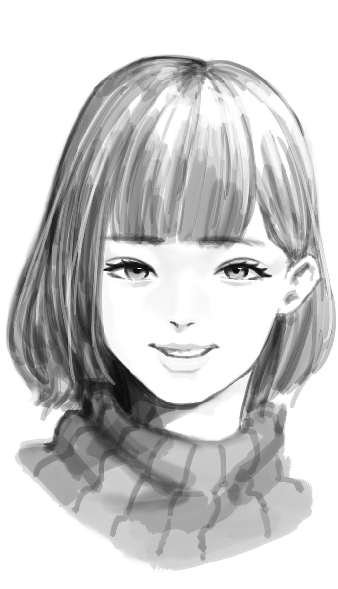 yumemi riamu greyscale 1girl monochrome solo looking at viewer smile white background  illustration images