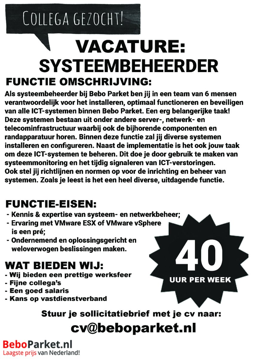 Ben je op zoek naar een uitdagende baan met veel variatie?

Wij zoeken een 👉 SYSTEEMBEHEERDER 👈

Solliciteer nu! 👇

cv@beboparket.nl