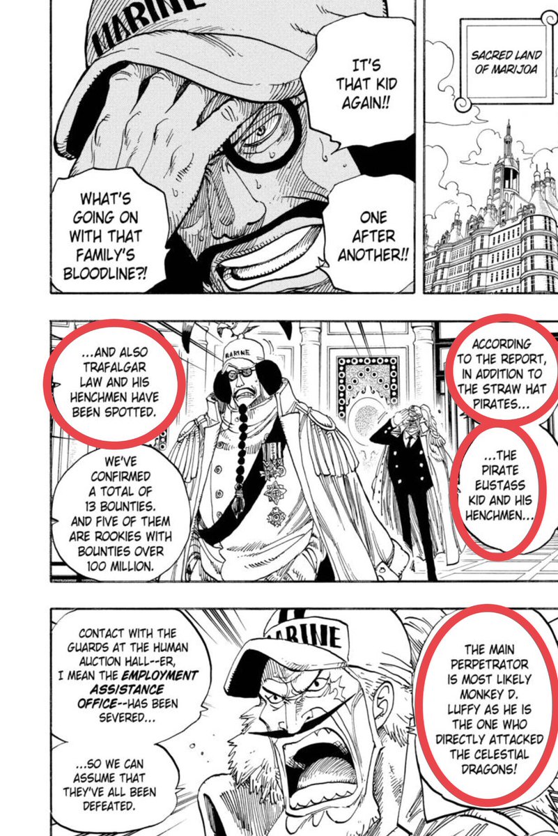 I think the future battle between the people of “D” and the celestial dragons will consist of Luffy, Kid, and Law, as part of the main fighters.