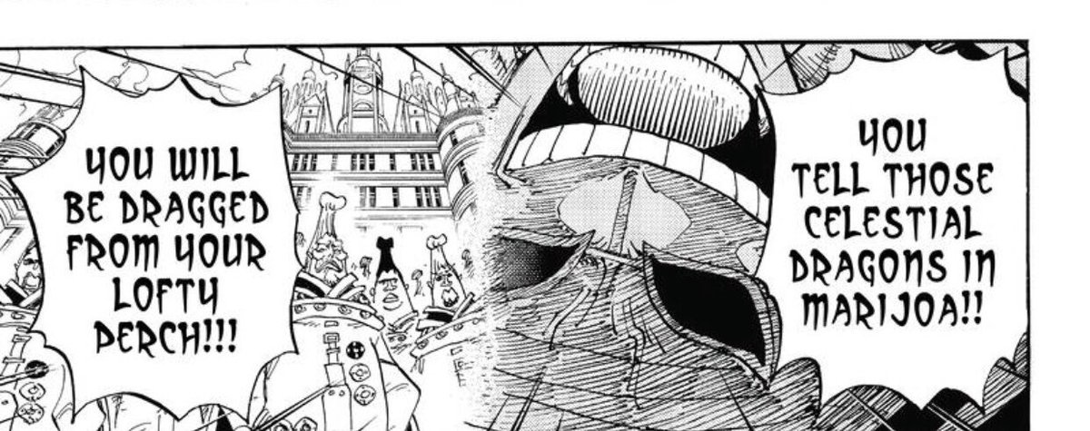 I think the future battle between the people of “D” and the celestial dragons will consist of Luffy, Kid, and Law, as part of the main fighters.