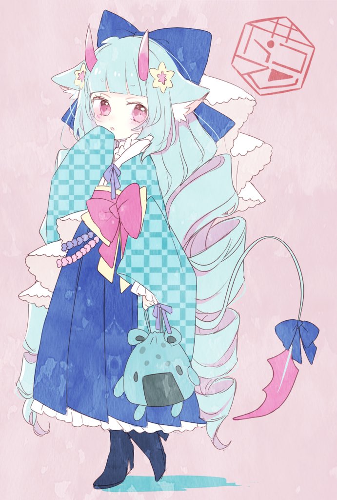 1girl horns solo animal ears long hair japanese clothes bow  illustration images