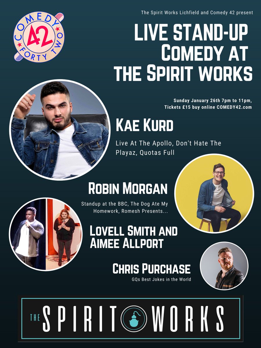 Just over a week to go until we are back <a href="/thespiritworks/">SpiritWorksTom</a> for our first show of the year and what a bloody amazing lineup we have with <a href="/KaeKurd/">Kae Kurd</a> <a href="/robinjaymorgan/">Robin Morgan</a> Lovell Smith and Aimee Allport plus <a href="/ChrisPurchase/">Chris Purchase</a> go to comedy42.com to get tickets!