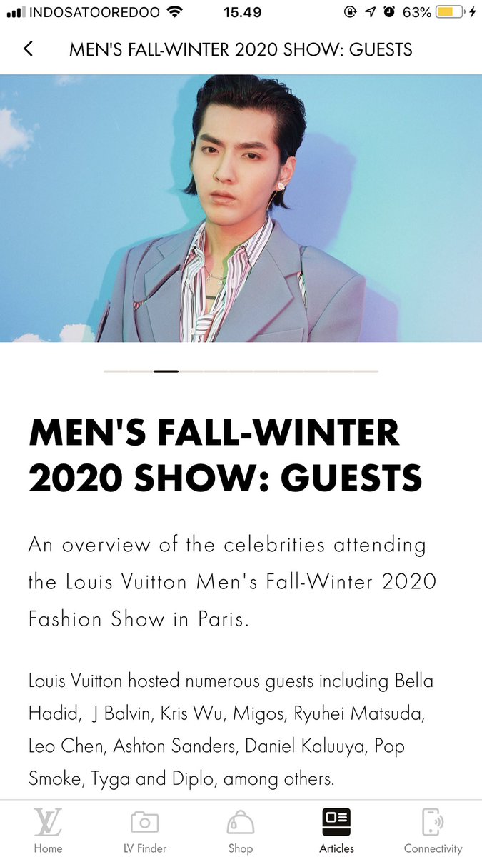 Louis Vuitton app posted new article about the guests of men’s fall-winter 2020 showOur brand ambassador Kris Wu 