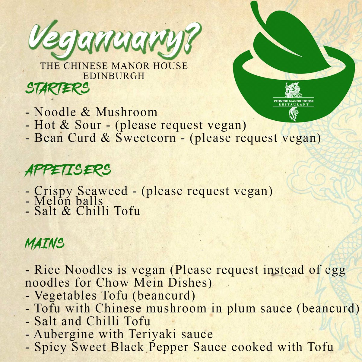 Veganuary? Here are our vegan options! Please let us know you want a vegan dish when booking/ordering.

Vegan requests/ideas welcome!

See you soon!

#veganedinburgh #edinburghvegan #veganscotland @ScotlandVegFest @TheVeganSociety @vegan_edi @vegan #edinburgh #scotland