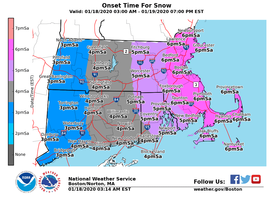 NWSBoston's tweet image. [Winter Storm Briefing] Snow overspreads the region from west to east between 3 and 6 PM. Snow sticks immediately to cold roads and travel will be difficult this evening with several inches expected. Bulk of the snow is over by midnight, ending as light rain near the coast.