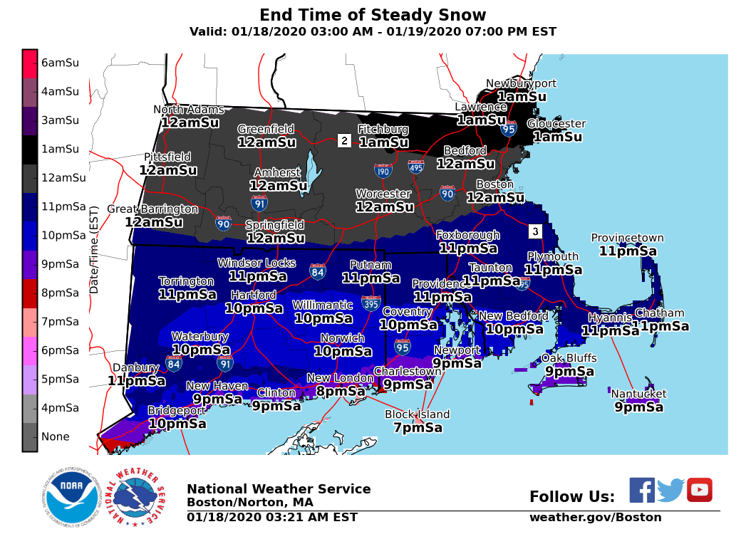 NWSBoston's tweet image. [Winter Storm Briefing] Snow overspreads the region from west to east between 3 and 6 PM. Snow sticks immediately to cold roads and travel will be difficult this evening with several inches expected. Bulk of the snow is over by midnight, ending as light rain near the coast.