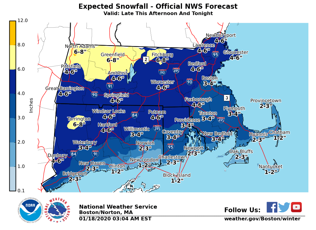 NWSBoston's tweet image. [Winter Storm Briefing] Snow overspreads the region from west to east between 3 and 6 PM. Snow sticks immediately to cold roads and travel will be difficult this evening with several inches expected. Bulk of the snow is over by midnight, ending as light rain near the coast.