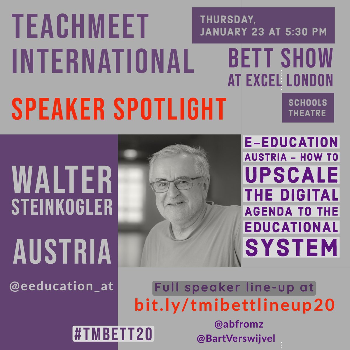 TEACHMEET INTERNATIONAL SPEAKER SPOTLIGHT: We're very happy to announce our amazing speaker <a href="/eeducation_at/">eEducation</a>. We're looking forward to  hearing more about 
 eEducation in Austria and how to upscale the digital agenda to the educational system #tmbett20 #Bett2020 <a href="/BartVerswijvel/">Bart Verswijvel</a>