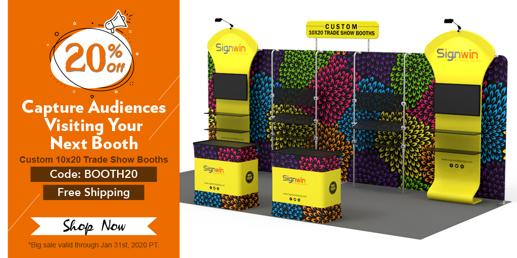 SignwinDisplay's tweet image. Custom 10x20 Trade Show Booths
Capture Audiences Visiting Your Next Booth
20% Off
Coupon: BOOTH20
Free Shipping
*Big sale valid through Jan 31st, 2020 PT.
Shop Now
bit.ly/10x20_booths_2…
#10x20Booths #TradeShowBooths #BoothIdeas #Sale
