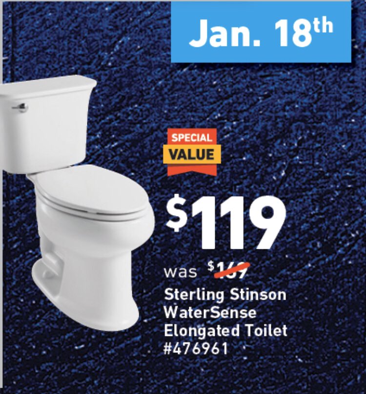 ShaneGagne76's tweet photo. We are flush with savings at Lowe's! Come see what's going down at your local Pro Desk this morning! Big savings on the Sterling Stinson WaterSense Toilet! #20DaysofDeals #1Region #2020ProYear #SaveWater #SaveMoney @BlueBoxR1 https://t.co/Kkm19ORWq1