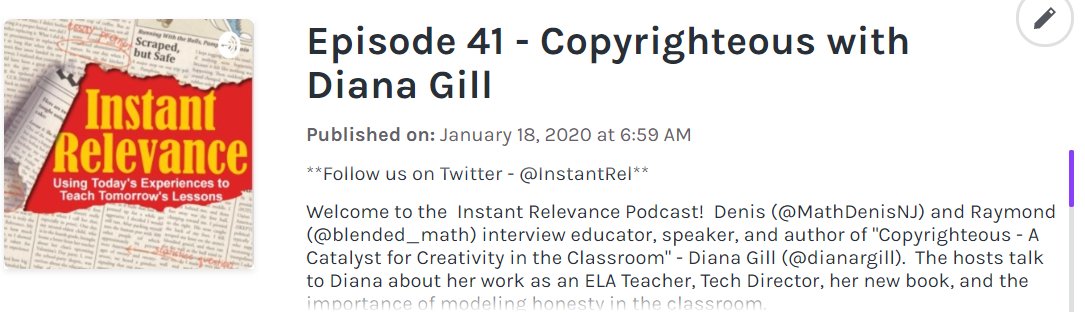 Check out our amazing interview with @dianargill about her book #copyrighteous on Ep 41 of Instant Relevance! 

apple.co/2GZDeUi

#satchat #masterychat #tlap #learnlap #edugladiators #edchatri #makeitreal #teachpos #teachbetter #copyright  @blended_ela @erinhall47