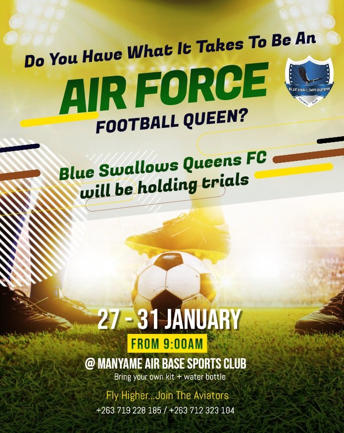 tchitsaka's tweet photo. Blue Swallows Queens Football Club will be holding trials from the 27th to the 31st. Get the word out there. Reach out for registration any time. #ZWSL @cudzy12 @taytbells @kudasith @Hendinge @FUZ_ZIM https://t.co/qRViZVuhYn