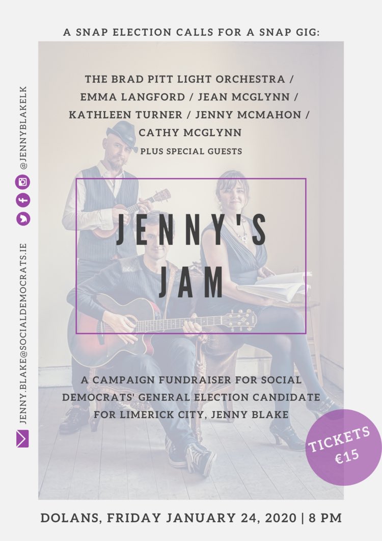 Fundraiser gig for my #GE20 #Limerick campaign upstairs at <a href="/mydolans/">Dolans Limerick</a> Friday 24th January 7pm. I hope to see you there! 💜
Tickets: dolans.ie/gigs-events-li…