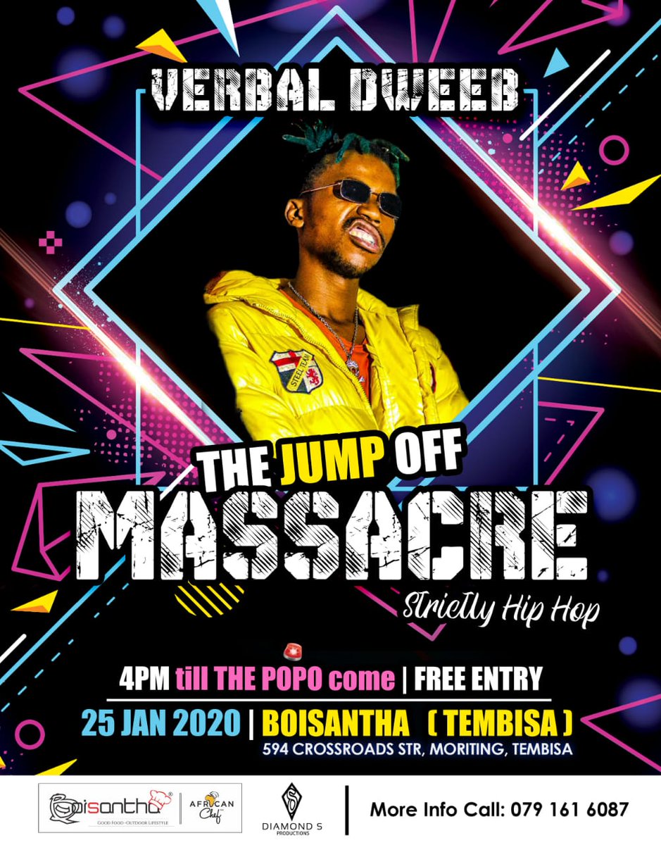 itsSIBUbaby's tweet photo. Ladies and gentlemen! The official #JumpOffMassacre  line up.

@nyikolo
@MrGravetown
G Din
Krayze
Benny P
Raptyl
Verbal Dweeb
@jahkhaetweets
@Emaweni3
MXO
Sainyova
@T_30SA
Luka 1080
@STARWENGS
Bugzito
Loli

DJ @JusJiggie

25/01
Boisantha Tembisa
4pm till the Popo come
Free entry https://t.co/Y4NupUuDG6