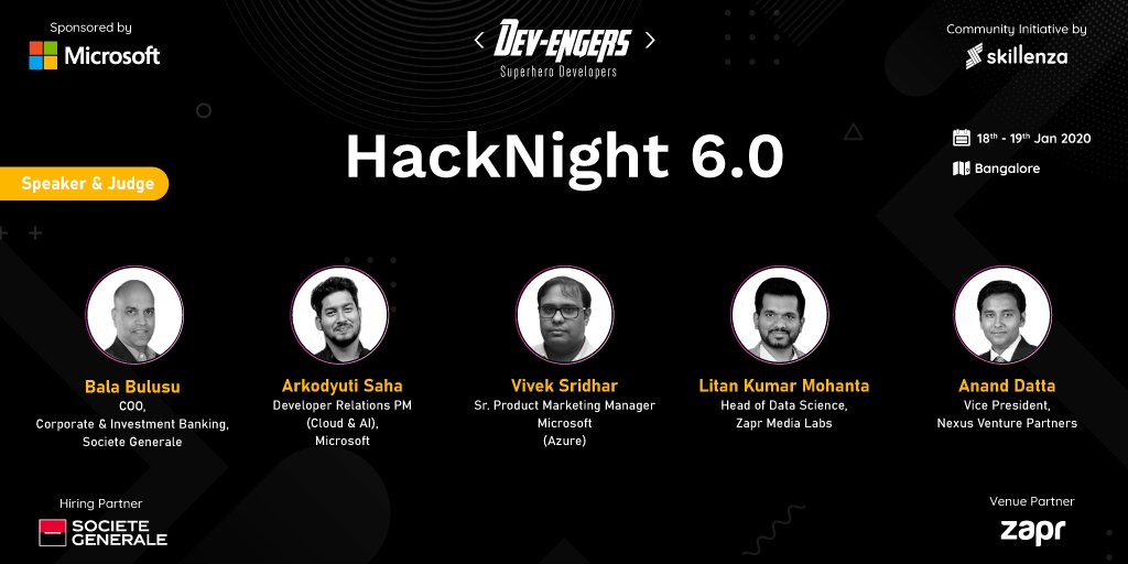 skillenza's tweet image. The fire of 𝗛𝗮𝗰𝗸𝗡𝗶𝗴𝗵𝘁 𝟲.𝟬 has just escalated to a whole new level.📈

Meet the speakers &amp;amp; judges of #hackathon of #Devengers at @zaprindia Office, Bangalore sponsored by @MicrosoftIndia.

#HackOnAzure #hack #Developers #WeAreDevengers  #Skillenza #ProveYourself