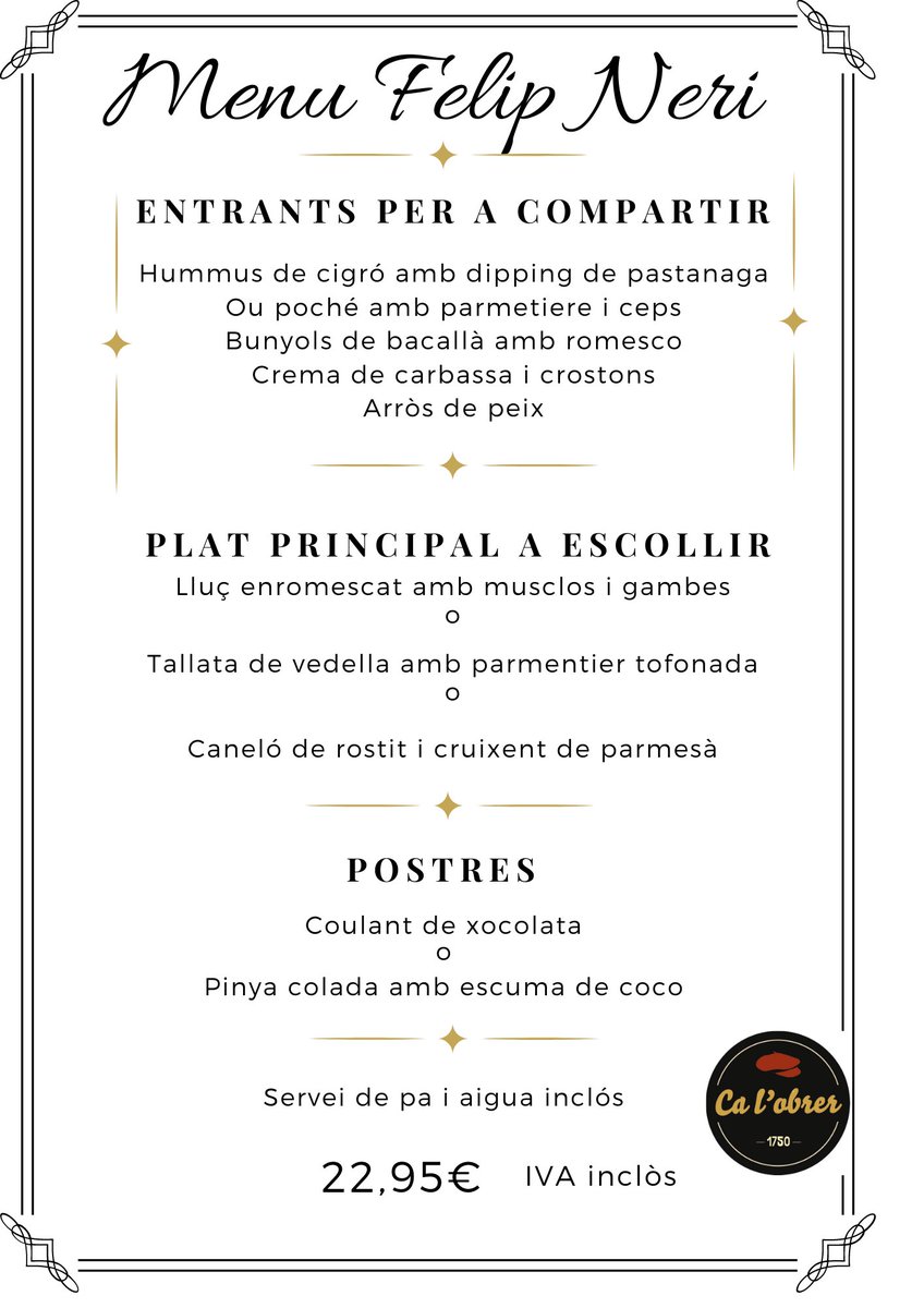 Aquí teniu el menú Felip Neri que trobareu aquest cap de setmana a Ca l’obrer! 👌🏻 Un menú amb platillos per compartir, segon a escollir i les nostres postres casolanes. Podeu reservar trucant al: 937343129 😉 Us esperem! 

#restaurant #calobrer #Terrassacentre