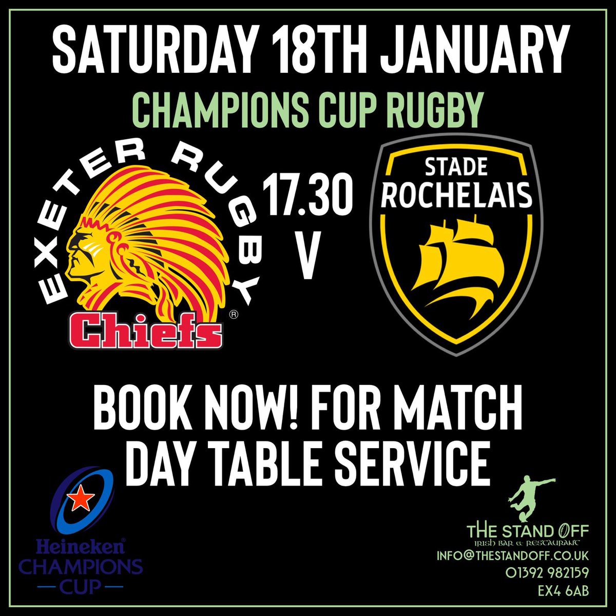 TheStandOffExe's tweet photo. Final Round of the @ChampionsCup 

Catch ALL the action @TheStandOffExe 

If you’re not at Sandy Park, catch the @ExeterChiefs in action from 17:30 and then we have a real treat as Sam &amp; The Strings takes to the stage! #PerfectSaturdays 🍻 🏉 🎶 https://t.co/9244VFoI8n