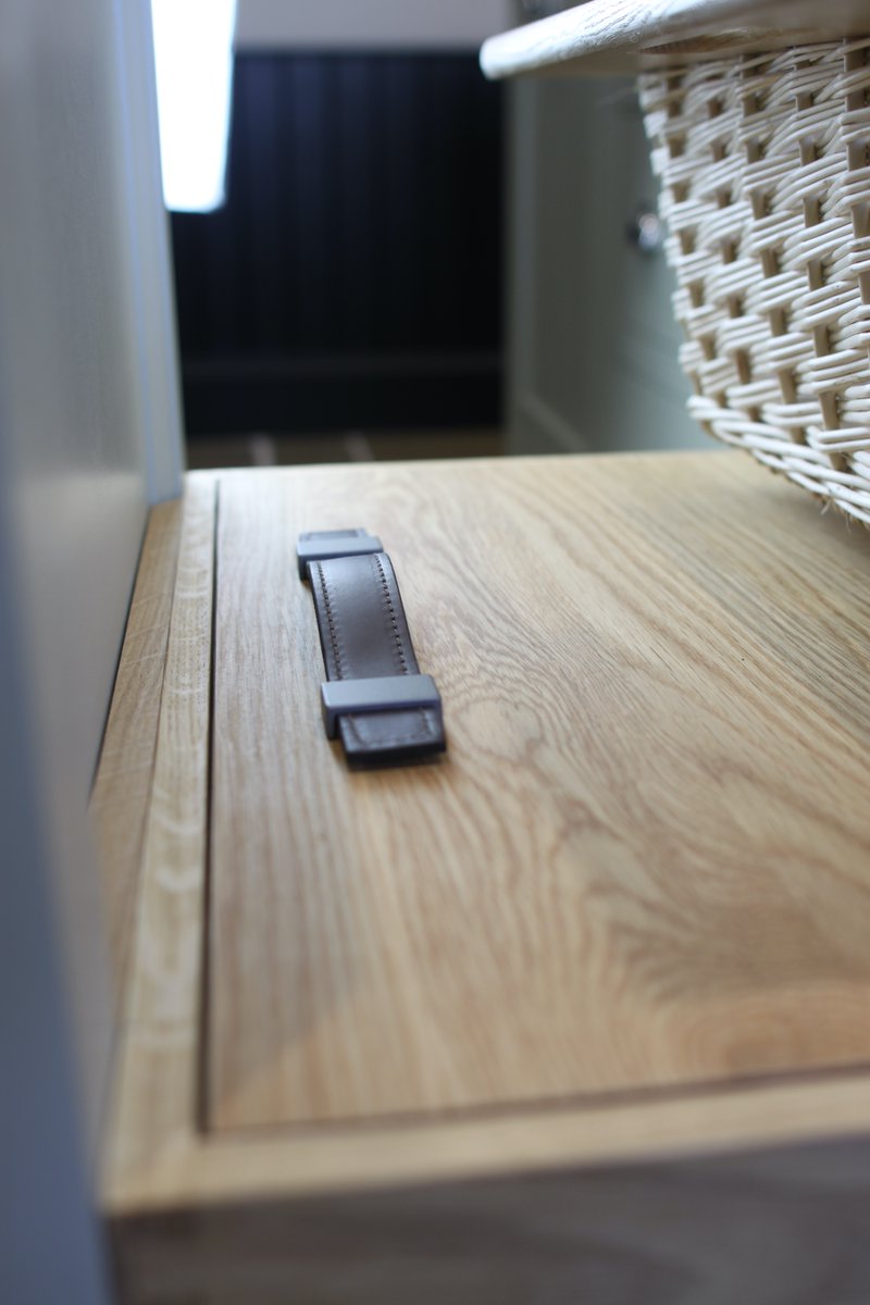 Bespoke Oak bread bin with leather strapped handle #Chapelkitchens #Chapelkitchensandbathrooms #Bespokekitchens #handmadekitchens #Modernkitchens #Shakerkitchens #Contemporarykitchens #handpaintedkitchens #handcraftedkitchens  #NEF #AGA #Bosche  #Quookertaps