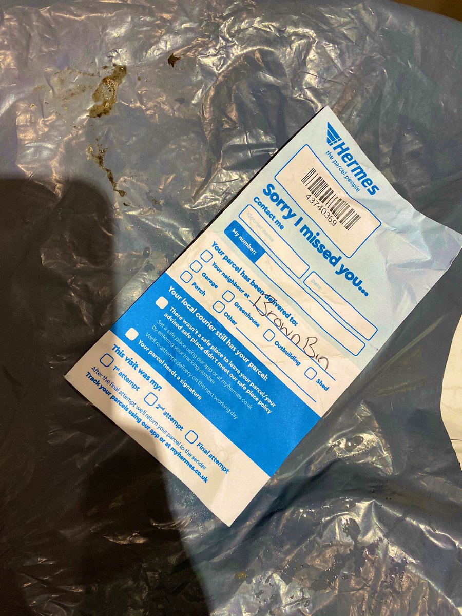 Pretty disgusted that @Hermesparcels left my parcel in my brown bin instead of a safe place, or with a neighbour - could have even knocked on the door, i’ve been home all morning 🙄