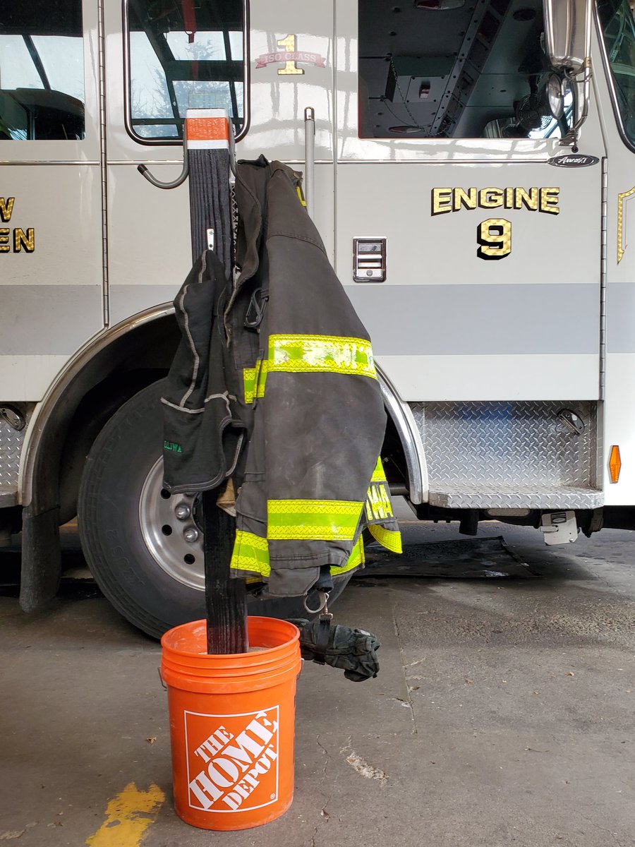 It's frowned upon to hang your turnout gear on the apparatus.  For a few dollars you can make a rack with a  4X4 post,  a bucket and quick mix cement.  This was my officer's idea that only takes a few minutes work.