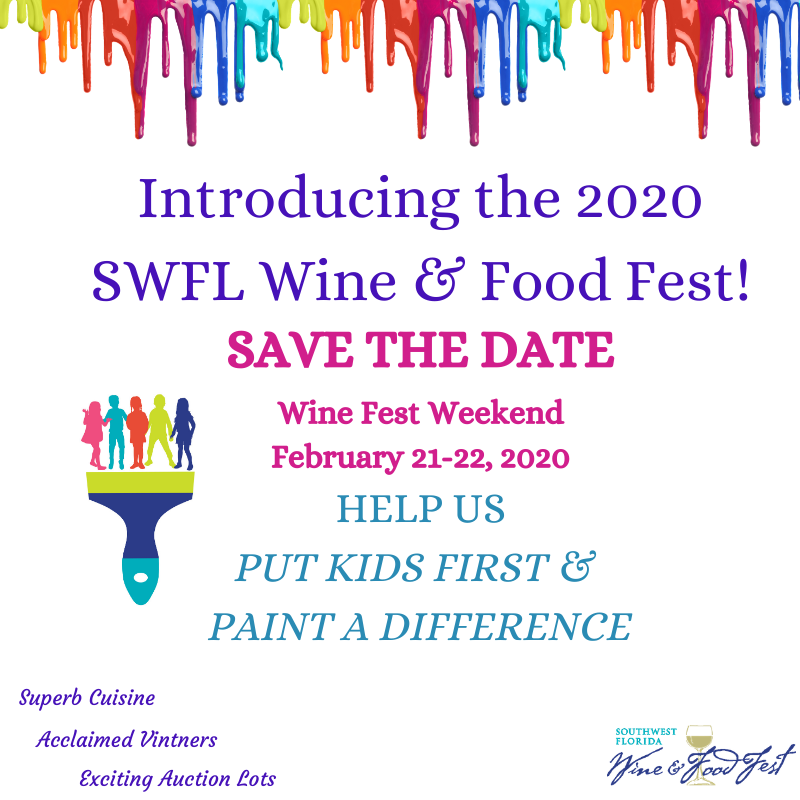swflwinefest's tweet photo. #SAVETHEDATE for the 2020 #SWFLWineFest! February 21-22 at the Hyatt Regency Coconut Point. Help us put kids first and paint a difference! https://t.co/1e30ptLIYH