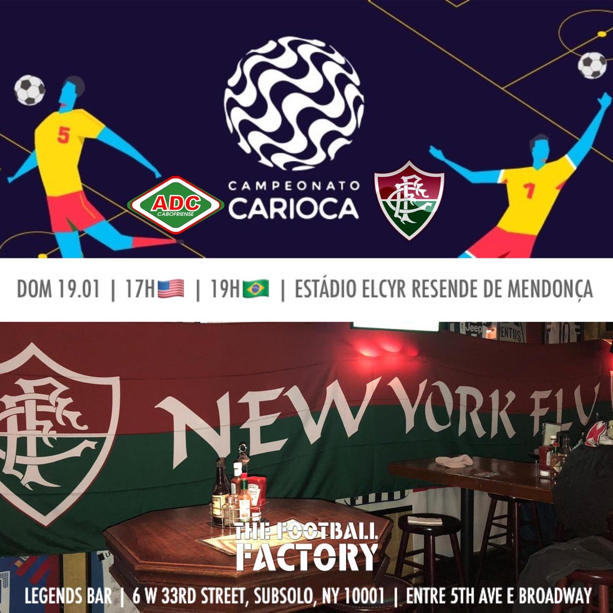 NYFlu's tweet photo. Vai começar o ano, e a NYFlu estará mais uma vez ao lado do nosso Fluminense! Amanhã na nossa casa, o Legends, matando a saudade, tomando uma gelada e torcendo muito! Que venha 2020! #TricolorEmTodaTerra #SomosFluminense #VemPraNYFlu #SejaSócio https://t.co/nP28oLpEko