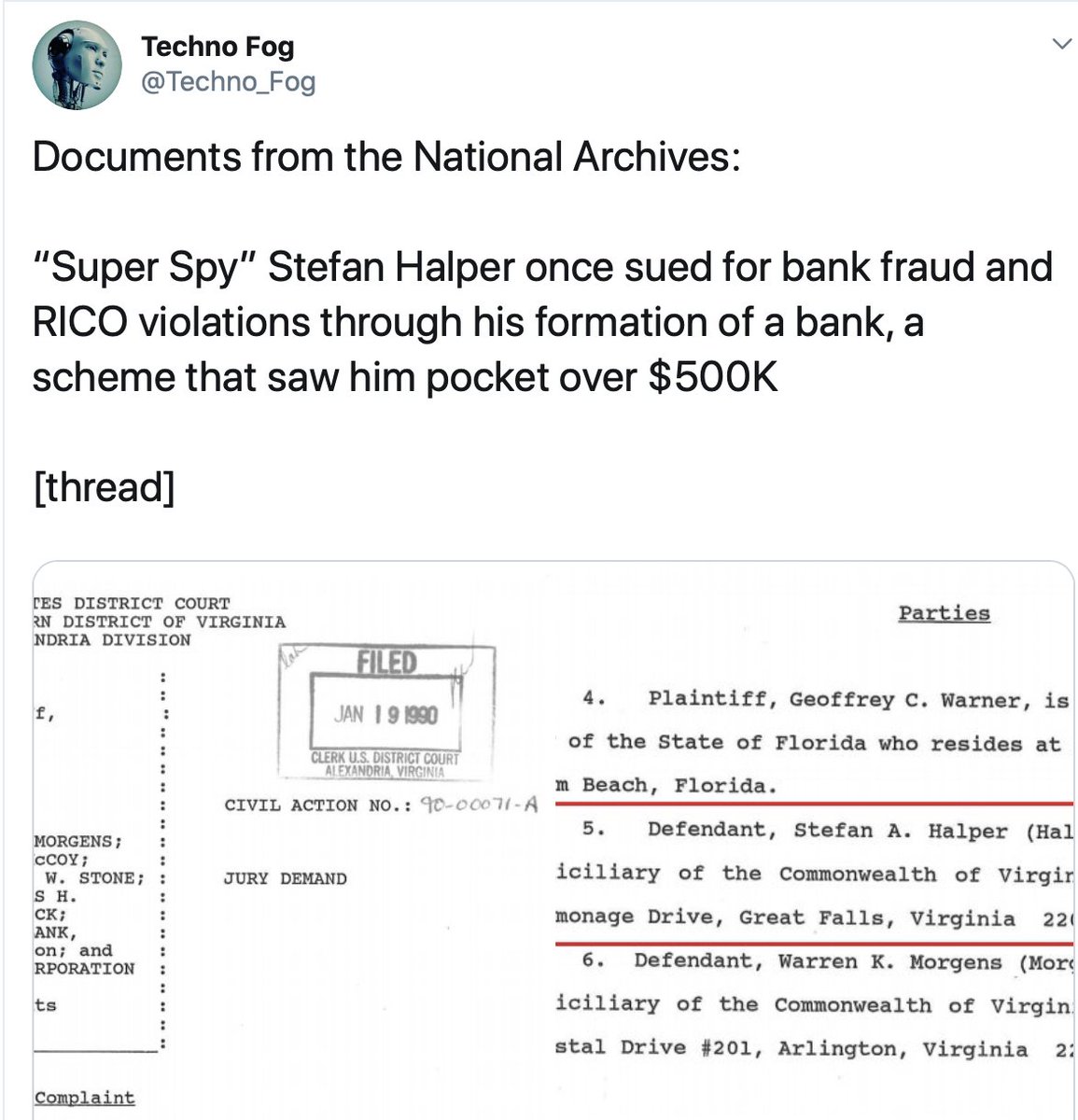 Halper was "sued for bank fraud, RICO violations through his formation of a bank, a scheme that saw him pocket over $500K" Halper settled out of court. "It would have subjected Halper to federal charges for wire fraud, bank fraud, perjury, etc. But Halper was never prosecuted"/7