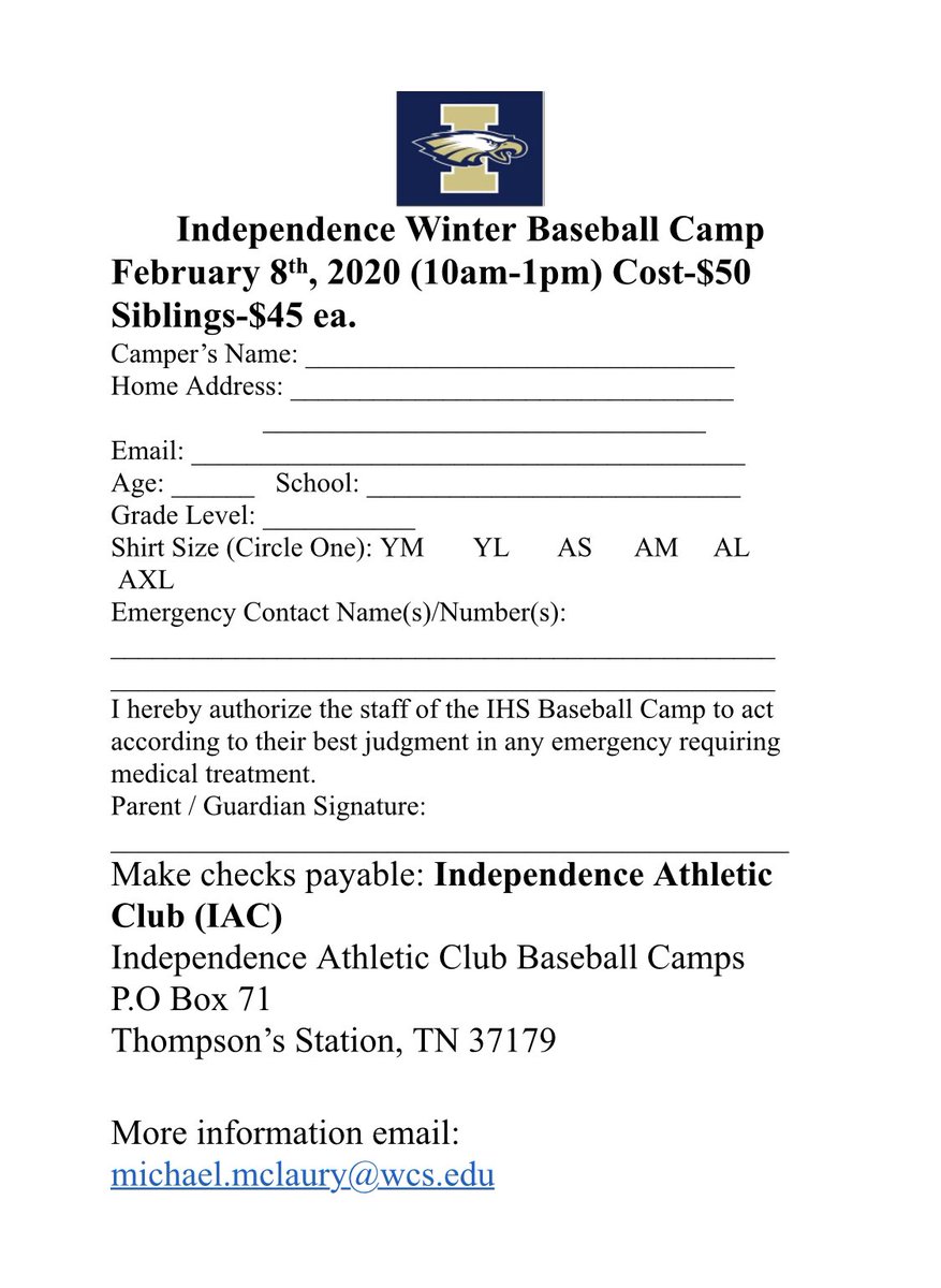 Mike McLaury (@mclaurymike1) on Twitter photo Independence Baseball will be holding a one day camp on Feb 8th for grades K-8. For more information contact michael.mclaury@wcs.edu Independence Baseball will be holding a one day camp on Feb 8th for grades K-8. For more information contact michael.mclaury@wcs.edu