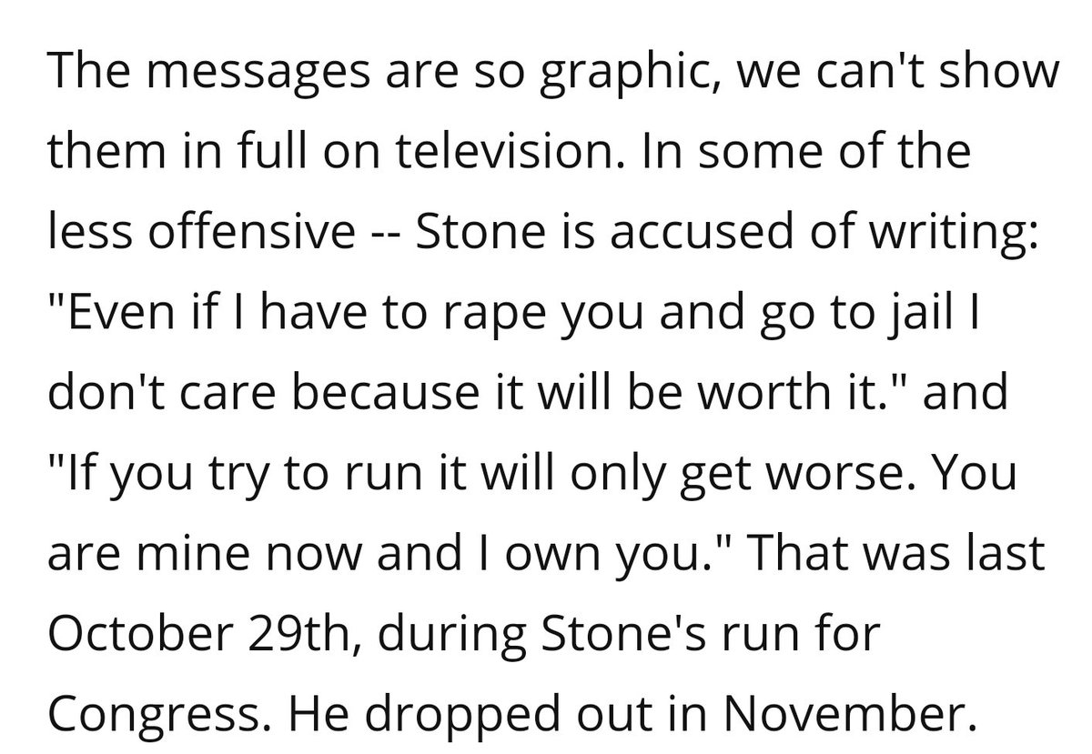 2/5The messages are so graphic, we can't show them in full on television. In some of the less offensive -- Stone is accused of writing: "Even if I have to rape you and go to jail I don't care because it will be worth it."