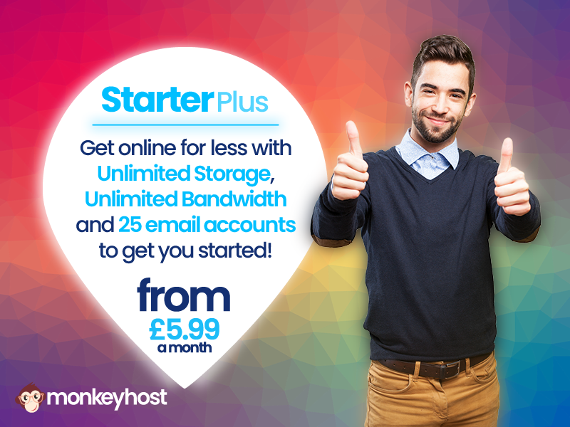 Startyouonline's tweet photo. Get online for less with our Starter Plus hosting plan. From only £5.99 a month, get unlimited storage to power up to 3 websites! Start today at https://t.co/q0aBRmaw7o #moreforless #websites #hosting #monkeyhost https://t.co/VMPy1m6ZhB