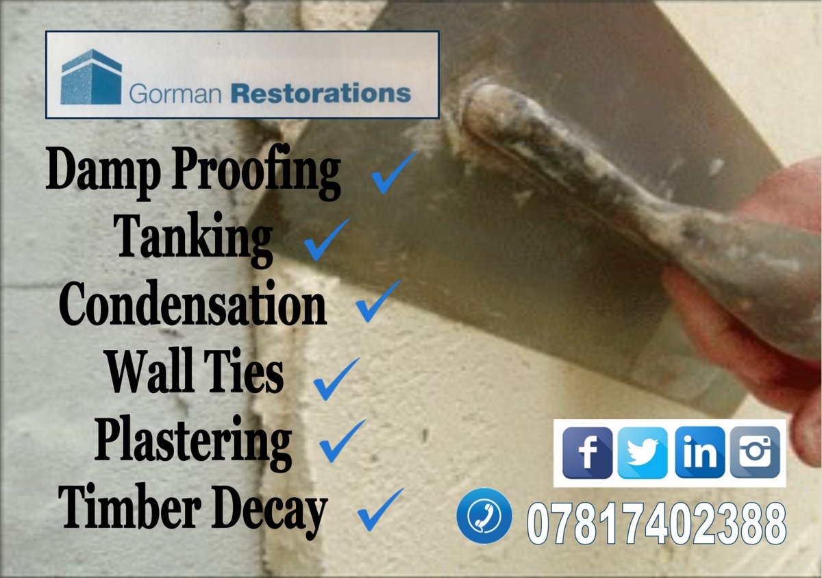Gormanrestorat2's tweet photo. We are St Helens based, family ran and experts in dealing with
#DAMPPROOFING✅
#PLASTERING✅
#TANKING✅
#TIMBERDECAY✅
#CONDENSATION✅
#WALLTIES✅
For enquiries call us 07817402388
#sthelens
https://t.co/7N7cQsLHto https://t.co/rAvn7HqbDk