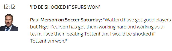 TheSuperShh's tweet photo. @PaulMerse Are you high? "Shocked" if Spurs won? Have you seen the table? Yeah, Watford are a decent side but to use the term "shocked", I'm shocked! #WATTOT #COYS https://t.co/hvE7AA0e3B