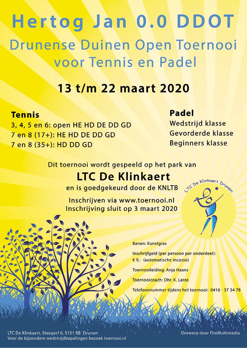 In Maart is er voor de eerste keer een Padel toernooi in Drunen bij LTC De Klinkaert. Schrijf je nu in. #Padel #Drunen <a href="/padelbond/">NederlandsePadelbond</a> <a href="/KNLTB/">KNLTB</a>