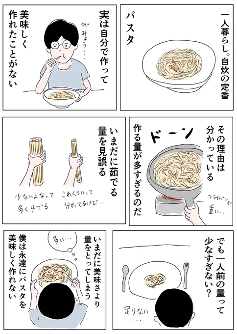 今日のマンガ

パスタを適量で作れる人は尊敬します。

#コルクラボマンガ専科 #1Pマンガ 