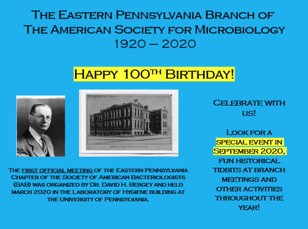 epaasm's tweet photo. The Eastern PA Branch of the ASM is celebrating its 100th birthday 🎂 with various events during the year.  Established in 1920 and organized by Dr David H Bergey at the University of Pennsylvania @ASMicrobiology #HistoryOfMicrobiology #UPenn #PhiladelphiaScience https://t.co/3rg4q3MZ0I