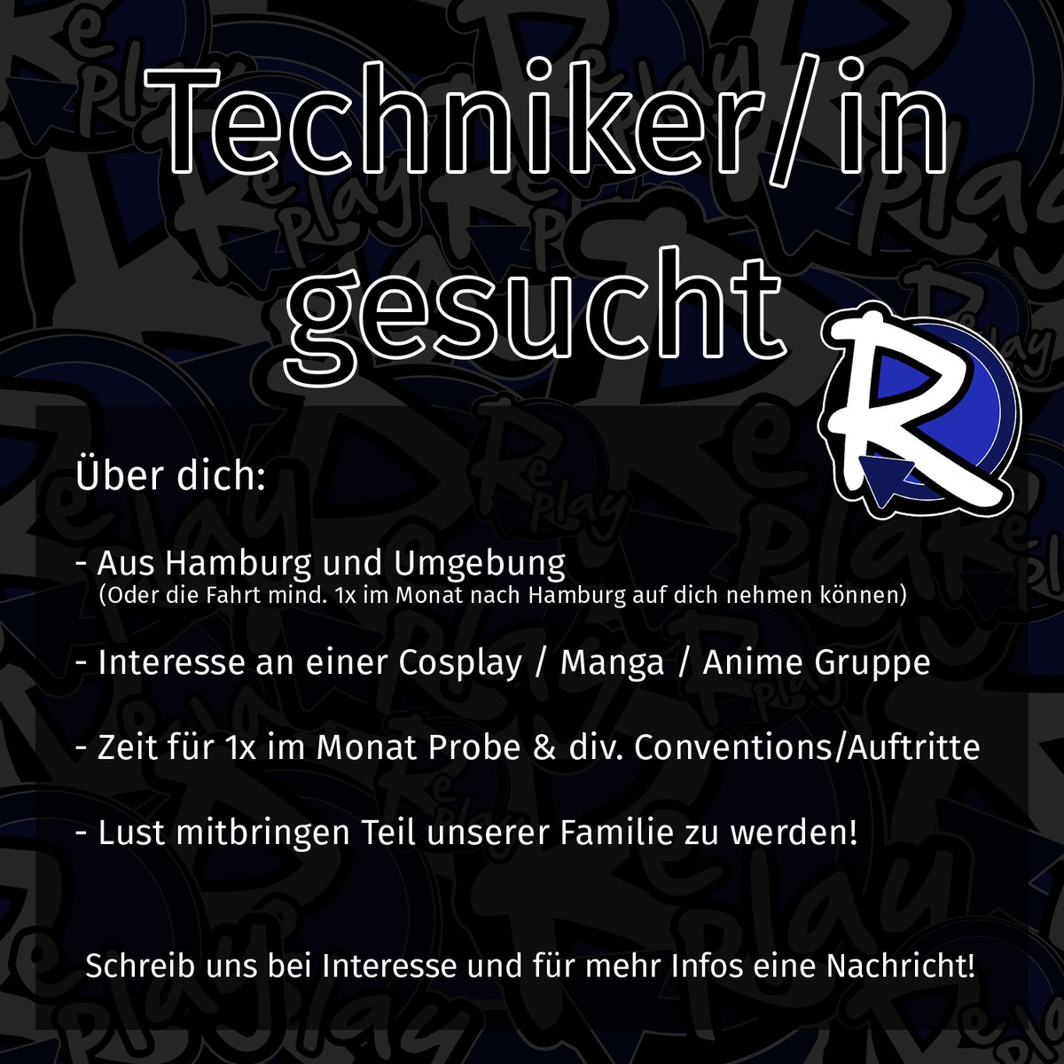 Wir suchen Unterstützung im Bereich Technik.

Alle weiteren Infos klären wir per PN - schreib uns doch einfach mal an! Wir freuen uns auf dich 😀