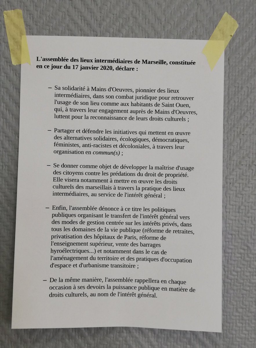 CNLi_i's tweet photo. L'assemblée des lieux intermédiaires de Marseille, constituée en ce jour du 17 janvier 2020, declare : #commonscamp #droits_culturels @mainsdoeuvres https://t.co/nAv55IPBfN
