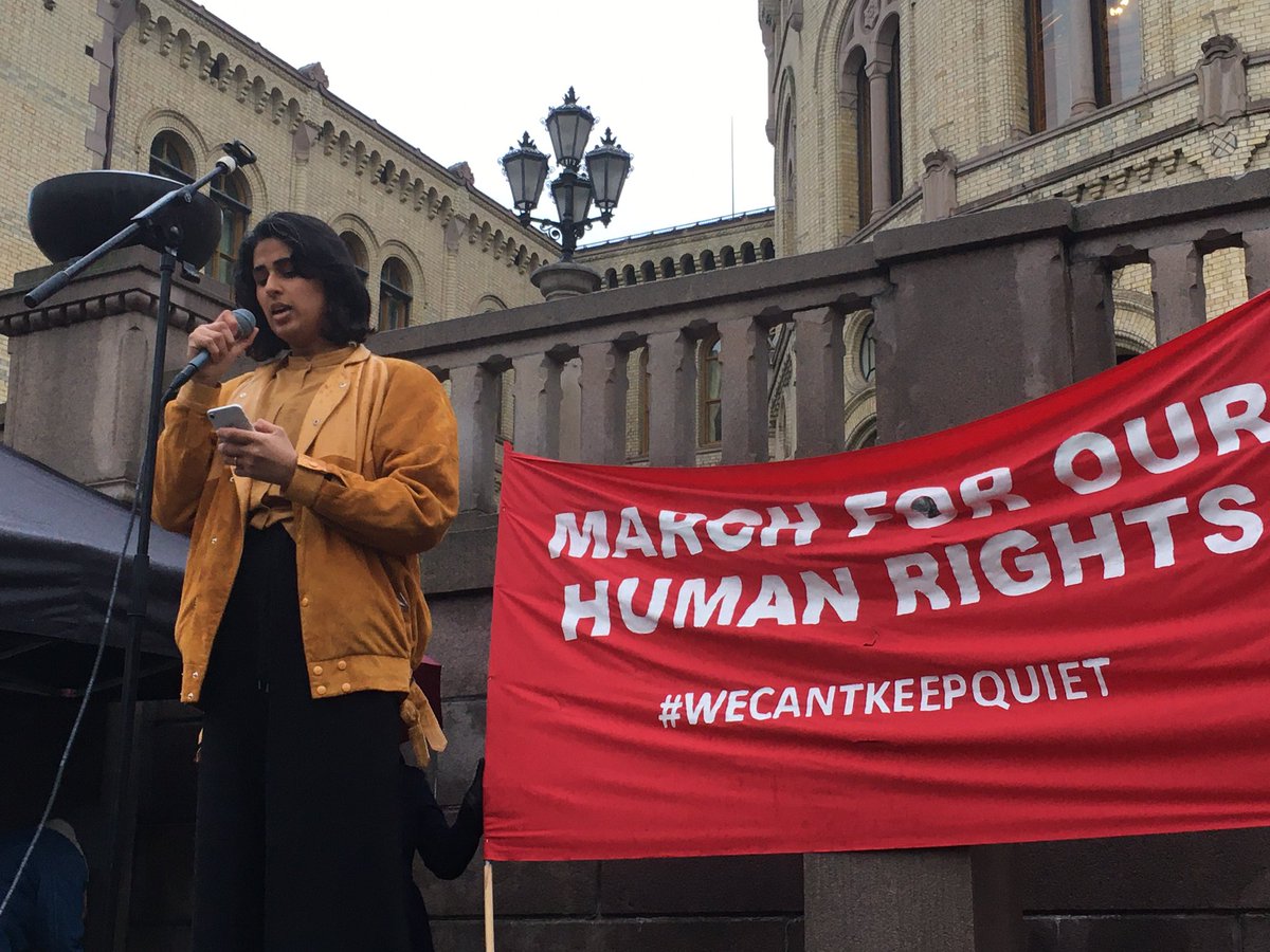 HENZA ANWAR, chair of @NorwaySalam, an organization providing a safe &amp; inclusive environment for #LGBTQImuslims, speaks at the Women’s March Norway “March for Our Human Rights” event in Oslo.

#WeCantKeepQuiet #WomensMarchNorway #MarchForOurHumanRights #skeivemuslimer #loveislove