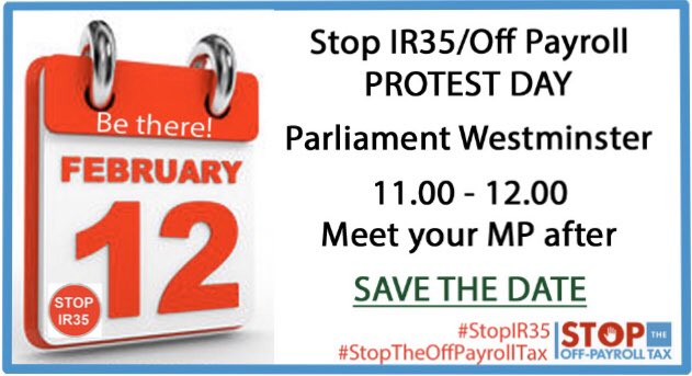 stopoffpayroll's tweet photo. Calling all #contractors &amp; #freelancers: Join us on Wednesday 12th February for a #StopTheOffPayrollTax protest in #Westminster against the @conservatives #IR35 #OffPayrollTax &amp; #WaronContracting.

There’ll be one month to save UK #contracting &amp; #freelancing.

Save the date!🗓 https://t.co/JG2qCzQDYV