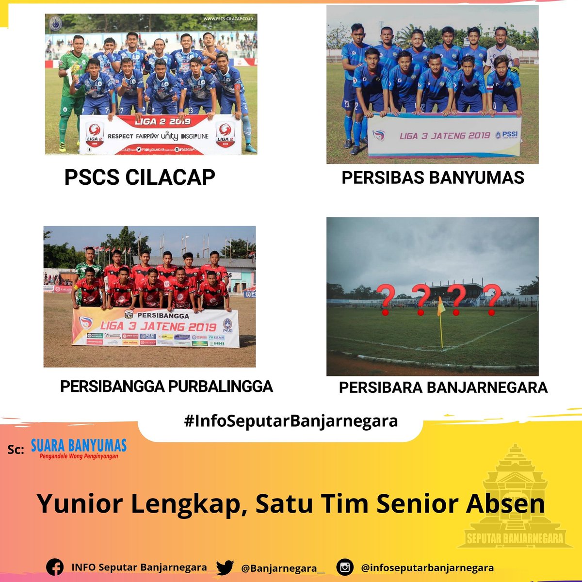 Banjarnegara__'s tweet photo. Yunior Lengkap, Satu Tim Senior Absen
BANYUMAS β Persepakbolaan wilayah panginyongan (eks Karesidenan Banyumas) musim 2020 bakal lebih ramai di tingkat yunior daripada senior. Pasalnya, keempat klub daerah eksβ¦ https://t.co/H7DPGcFcHc #persibas #Persibara #pscs #persibangga https://t.co/NRP4Hs3TMb