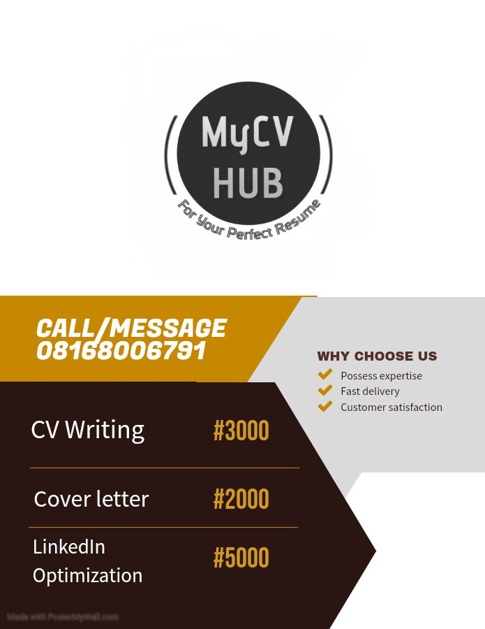 DestinyAkinola's tweet photo. A perfect CV is a gateway to landing that your dream job. Reach out to us today. Trust us to make you smile

#MyCVHub https://t.co/BdmU4yzz4f