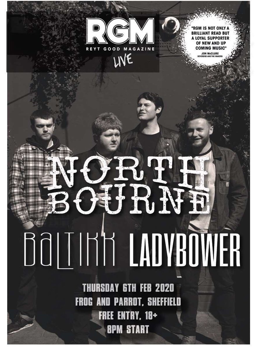 ‼️GIG ANNOUNCEMENT‼️ We branch out to Sheffield on the 6th February with RGM : Reyt Good Magazine to play at the Frog And Parrot alongside North Bourne and Ladybower. Tickets available in bio. 🎫 
Hope to see you there!!❗️