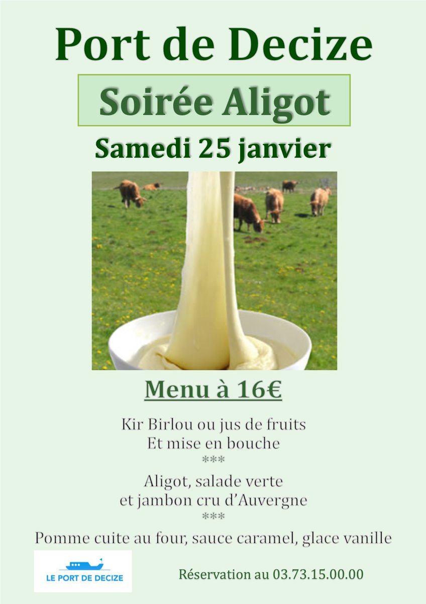 PortdeDecize's tweet photo. 🔜Ne manquez pas la première soirée de l'année au restaurant 🍴:
Soirée Aligot... qui va réchauffer les cœurs ! 🧀
Samedi 25 janvier à partir de 19h, Menu à 16€
Réservation au 03 73 15 00 00 ☎️ https://t.co/T5bPRpnb43